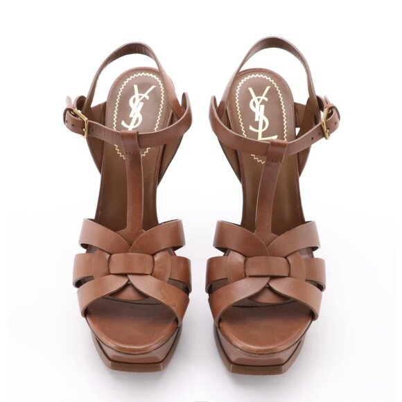 AUTH Yves Saint Laurent Amber Leather Tribute Platform Heel T-Strap Sandals EUC - Picture 2 of 7